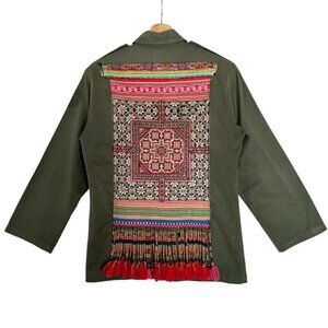 Free People TRICIA FIX Tribal Embroidered Fringe Vintage Green Military Jacket